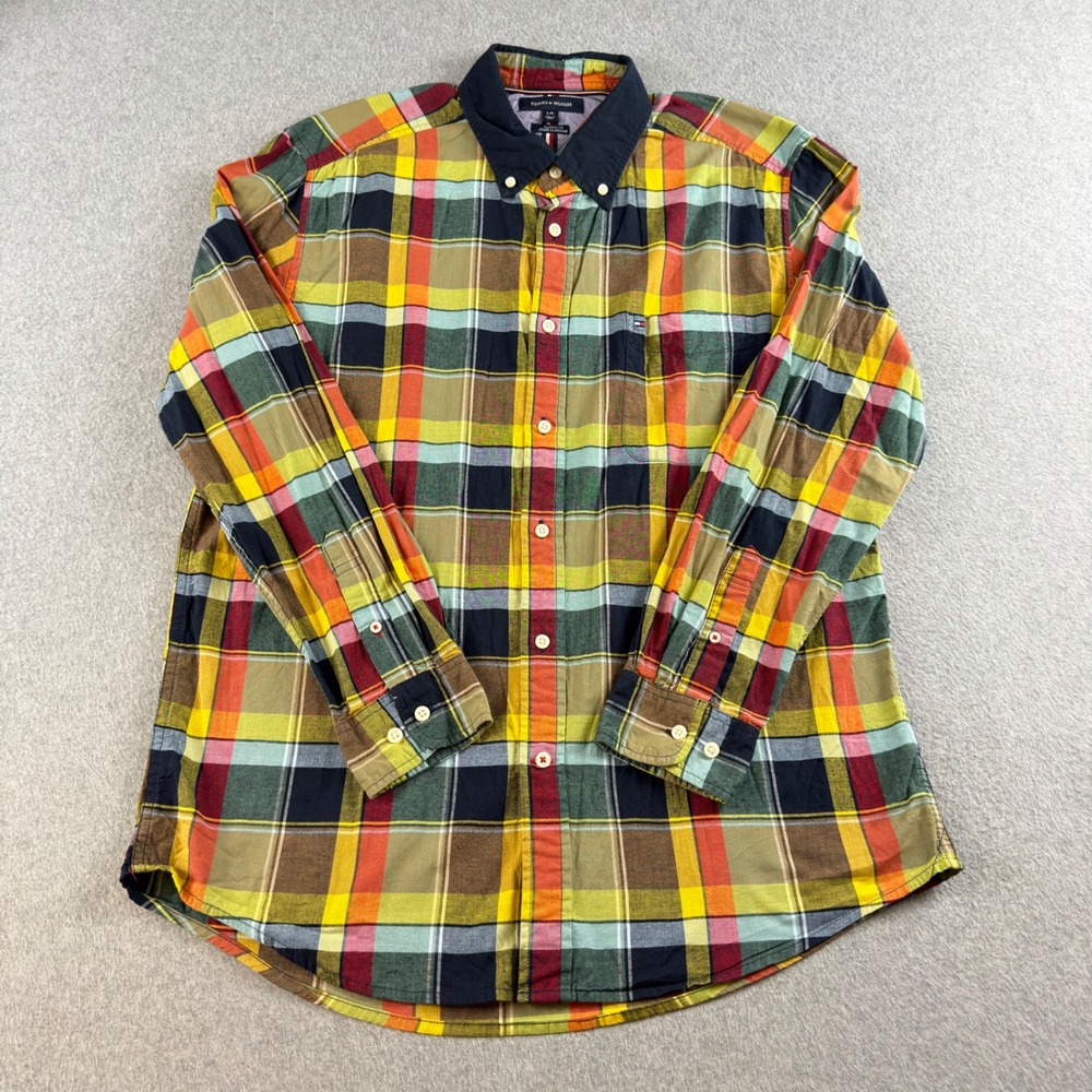 Tommy Hilfiger Mens Large Classic Fit Plaid Button Down Shirt Multi Color Cotton